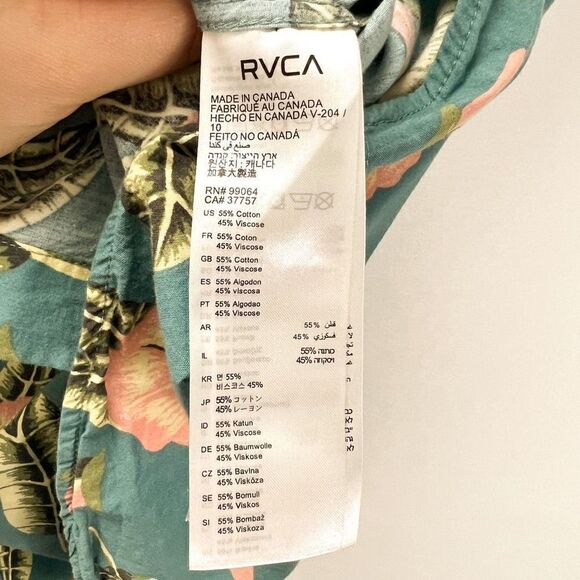 RVCA Tropical Hawaiian Shirt Green Floral Print Short Sleeve Button Down Shirt L - Picture 9 of 10